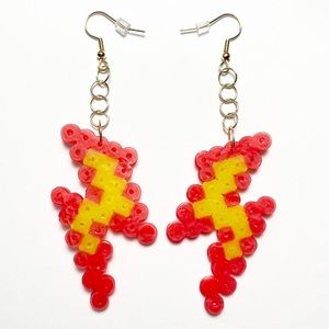 Handmade Perler Bead Yellow/Red Thunderbolt Earrings. New